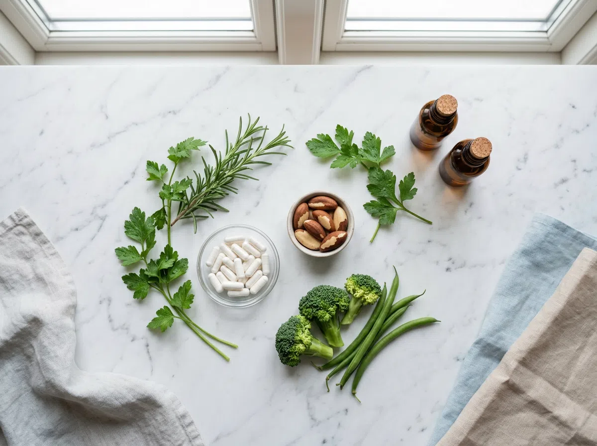 Naturliga ingredienser för kosttillskott - magnesium, selen, örter på marmorbord